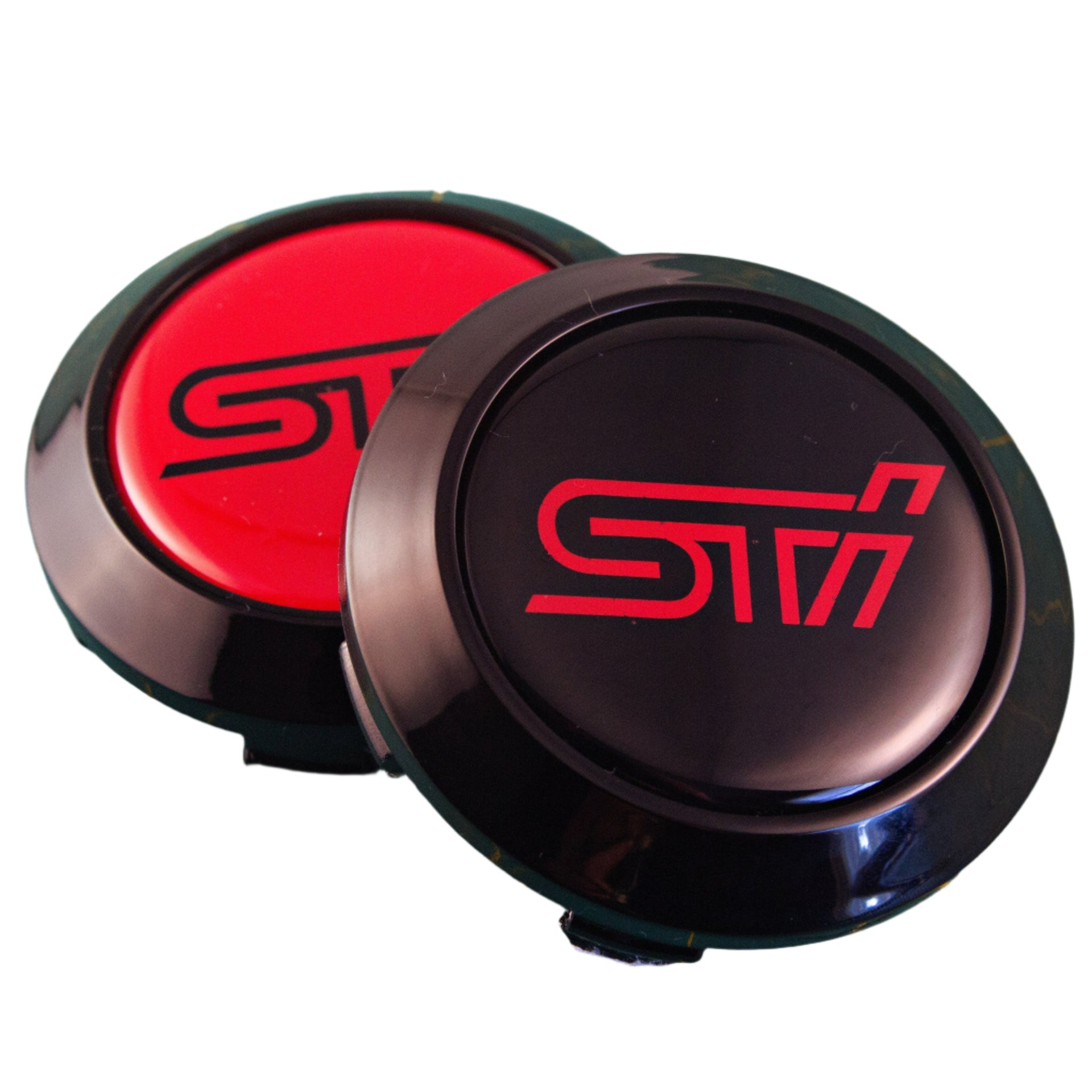 Red STI Logo on black background on black cap